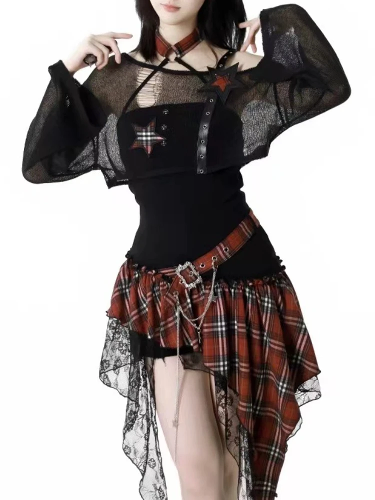 Sommer Amerikanischen Retro Gothic 2-teiliges Set Frauen Y2k Schwarz Dünne Kurze Tops + Y2k Harajuku Design Unregelmäßige Kleid Heiße mädchen Kleidung