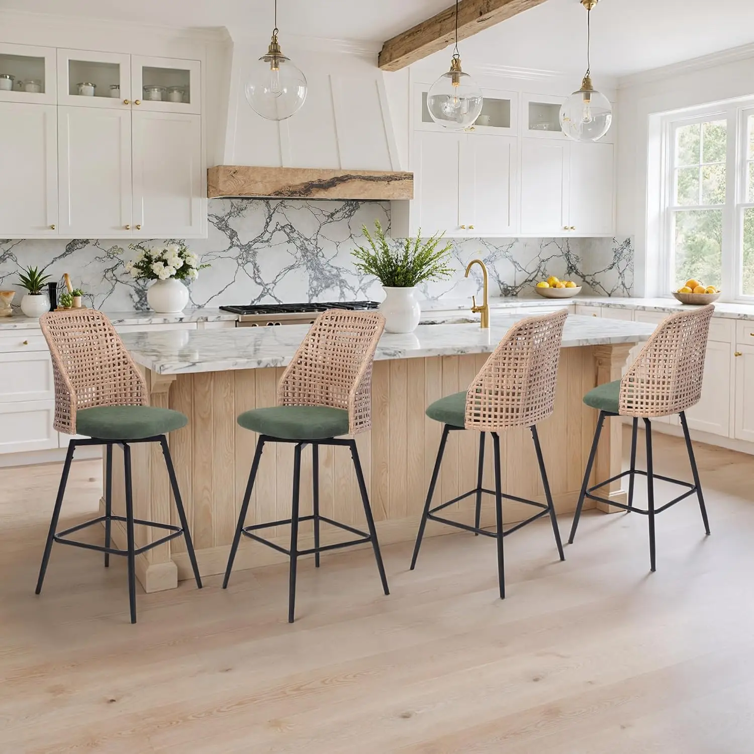 

Набор из 4 поворотных барных стульев из ротанга, высота до столешницы, с низкой спинкой, металлические ножки, для кухни, с подушками, зеленые, на заказ