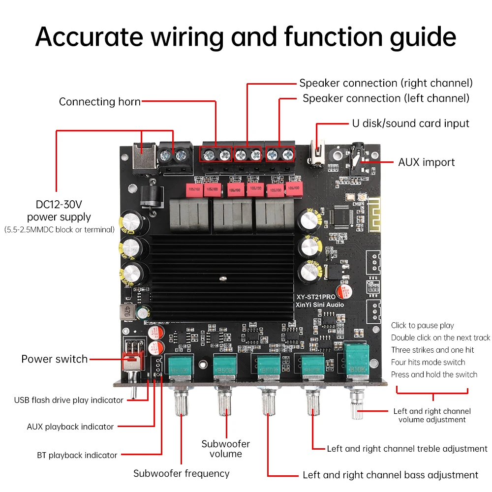 ST21PRO DC12-30V BT Digital Amplifier Board 2.1 Channel 100W * 2+200W Subwoofer TPA3221 Power Audio Stereo Bass AMP