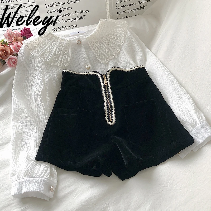 Autumn Korean Style Contrasting Color Zipper Shorts Woman Trendy Temperament Office Slim-fitting High-waisted Wide-leg Hot Pants