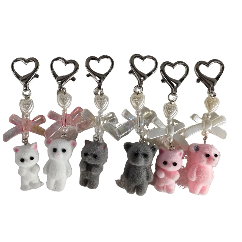 Kawaii 3D Flocking Cat Keychain Cute Cartoon Bowknot Key Holder Phone Chain Keyring Bag Pendant Backpack Hanging Decoration