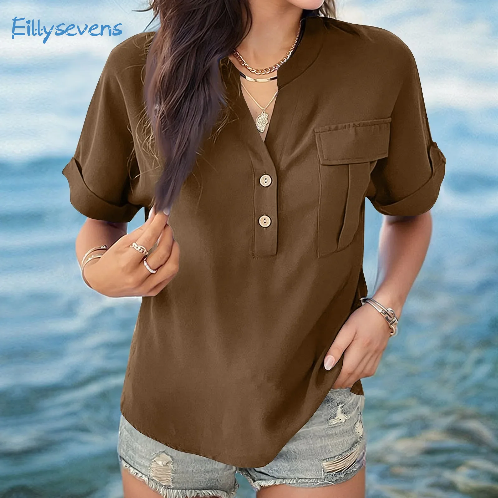 Women Summer New Shirts Casual Classic V-Neck Button-Down Short Sleeve Blouse Tops With Chest Pockets Daily Regular Comfy Shirts