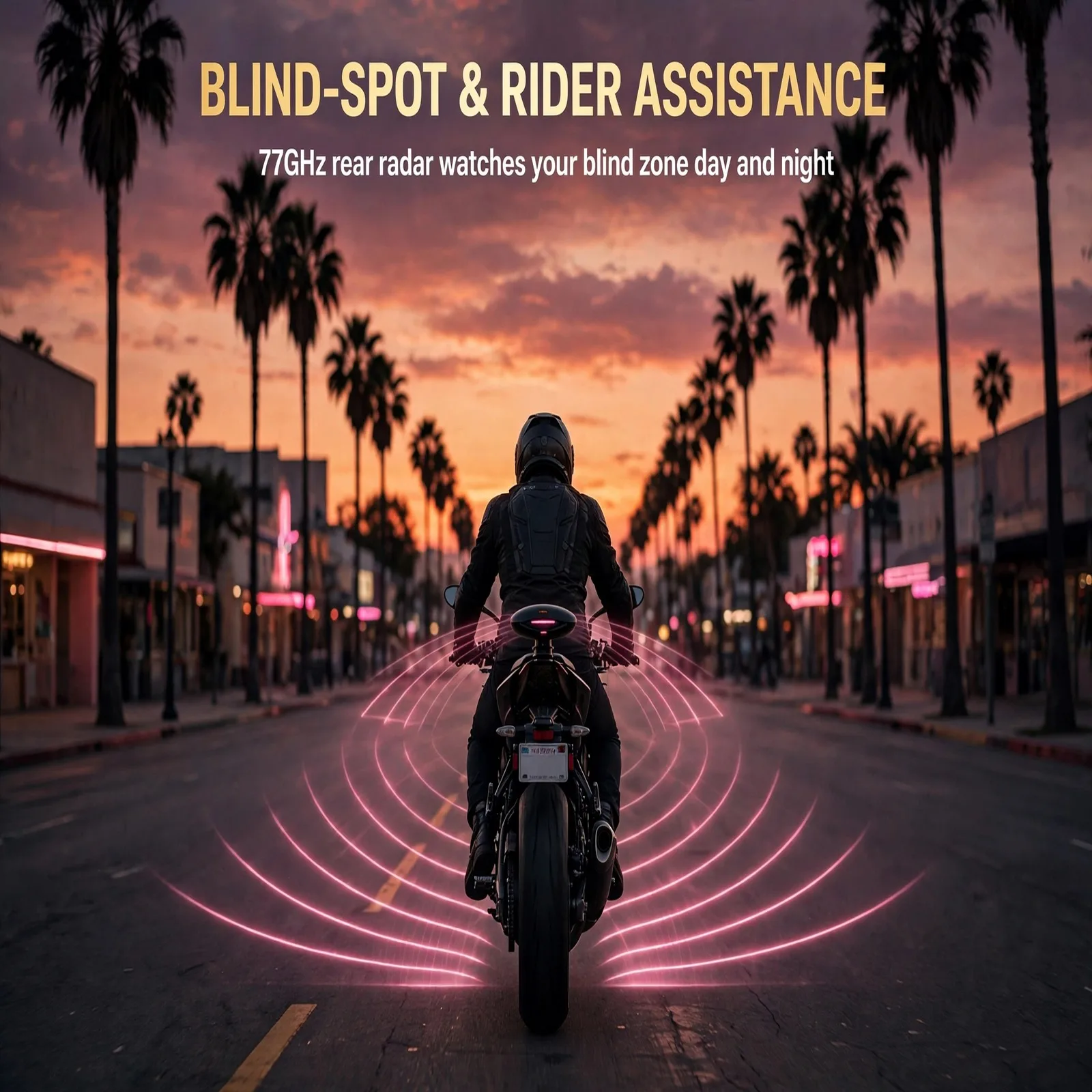Motorcycle Rear-Guard Radar System [Sunset Strip] – 77GHz Blind Spot Monitoring, Mirrored LED Pair, TTC≤5s Warning, All-Weather