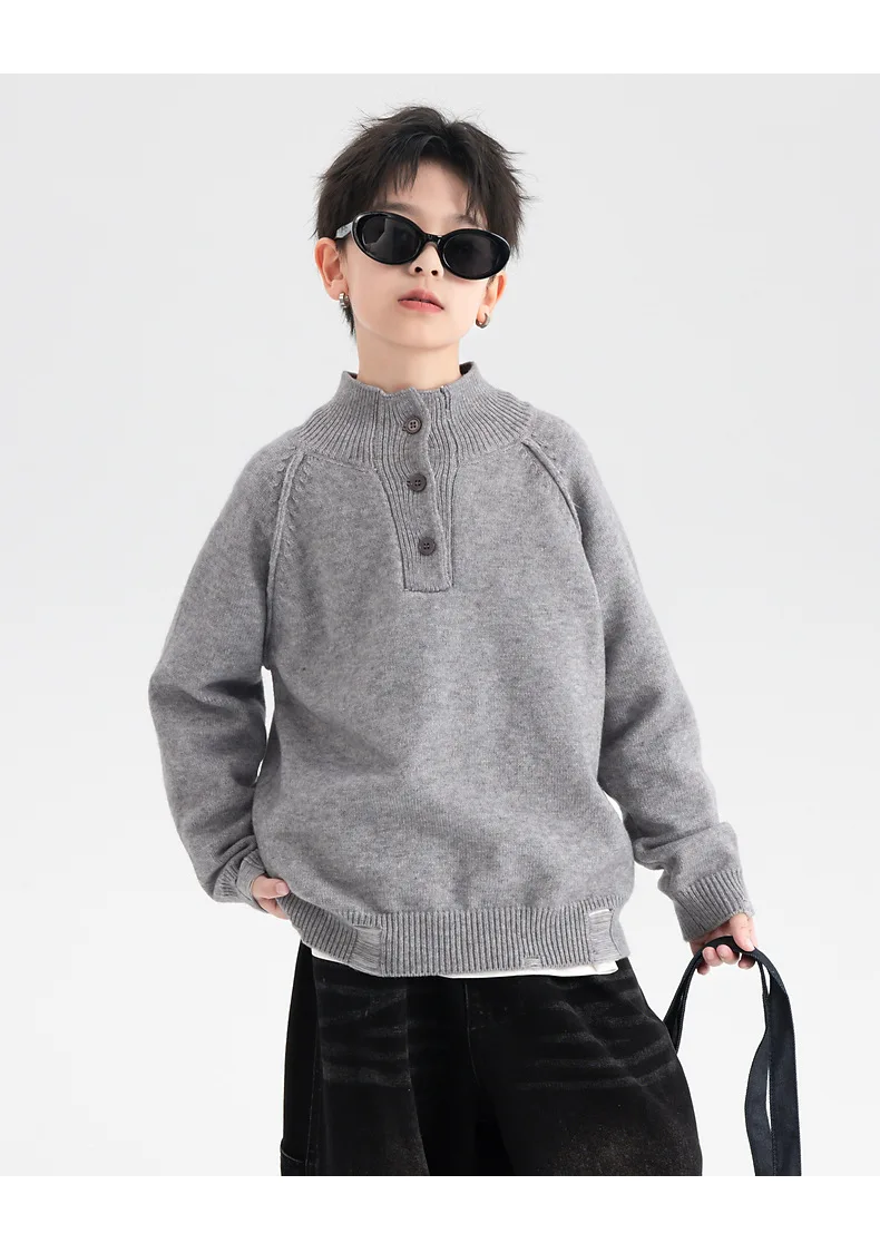 ملابس شتوية للأولاد سترة عصرية ورائعة بنصف رقبة عالية 2025 ملابس أطفال جديدة سترة محبوكة عصرية سميكة #2