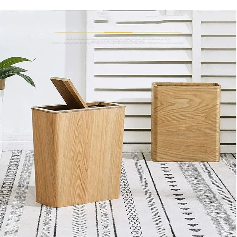 Wooden Square Rectangular Trash Can Swing Cover Waste Bins Wastebasket Garbage Bin Home Kitchen Decoration