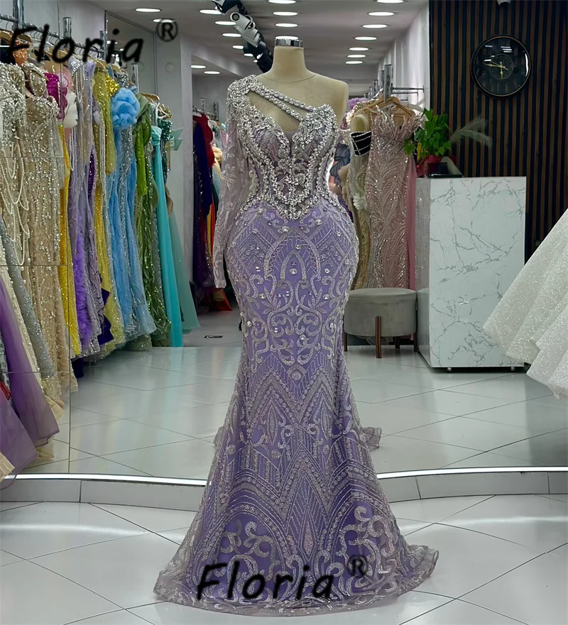 Lilac Elegant Mermaid Evening Dress Arabic Crystal Beaded Wedding Engagement Party Gowns One Shoulder Celebrity Formal Dresses