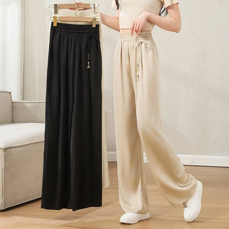 กางเกงขายาวผ้าไหมน้ำแข็งสำหรับฤดูร้อน ทรงขากว้าง ตัดตรง เอวยางยืด กางเกงซัมบ้า กางเกงลำลองผู้หญิง ผ้าใยโพลีเอสเตอร์ ทรงตรง...