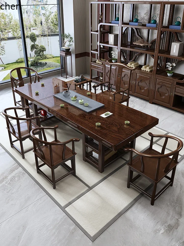 ZML tea table and chair combination one table and five chairs black rosewood large board tea table