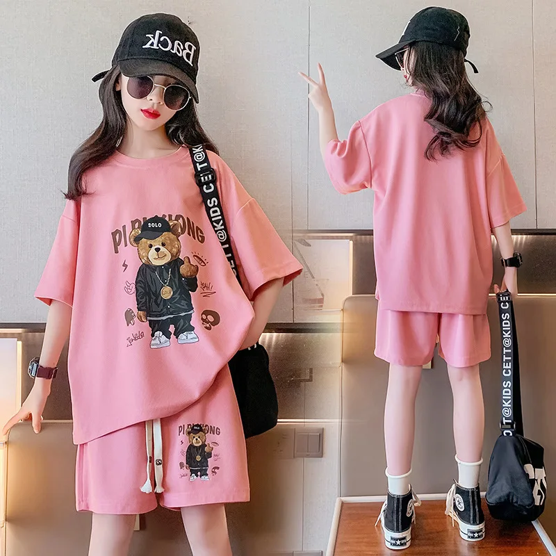 Summer Girls Cotton Cartoon Print T-Shirt Tops+Drawstring Shorts Sets School Kids 2PCS Tracksuit Children Jogging Outfits 7-16Yr