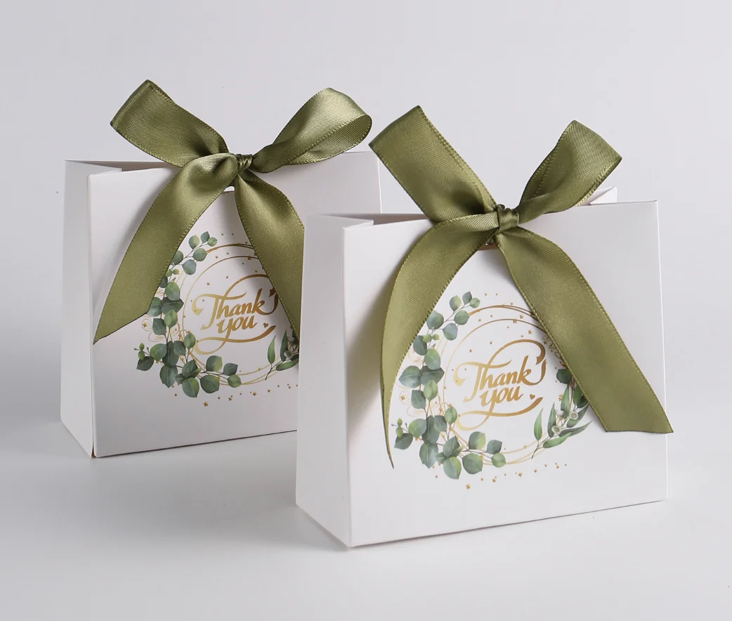 50/25Pcs Small Thank You Gift Boxes Green Gift Bags with Sage Green Bow Ribbon Eucalyptus Leaves Candy Treat Bags for Wedding Bi