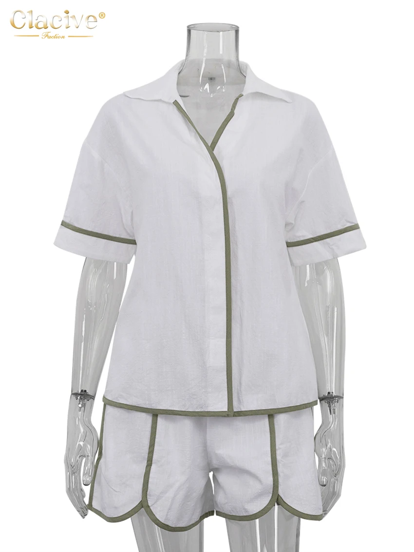 Clacive 夏ルーズホワイトコットン女性 2 枚セット 2025 カジュアル半袖シャツとハイウエストショーツセット女性服