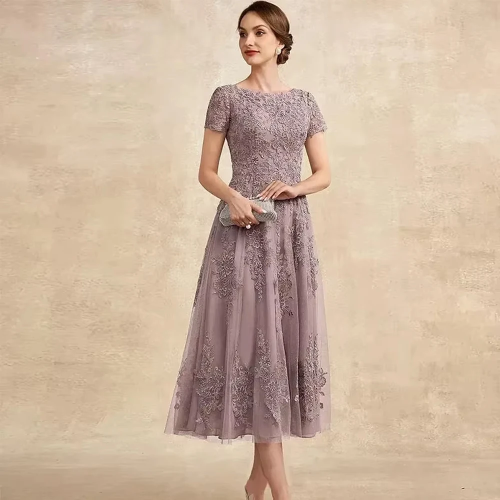 

Элегантное короткое кружевное платье для матери невесты с аппликацией по индивидуальному заказу, 2026, с овальным вырезом, длиной до чая, трапециевидные тюлевые свадебные платья