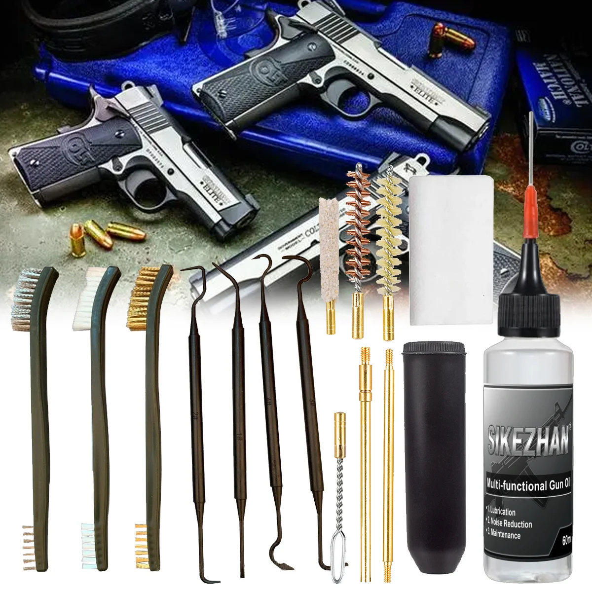 Gun Cleaning Brushes Set with Lubricating Oil, Bore Brush/Picks/Rods，Remove Fouling，Lubricate & Protect，Fit Pistol Rifle Shotgun