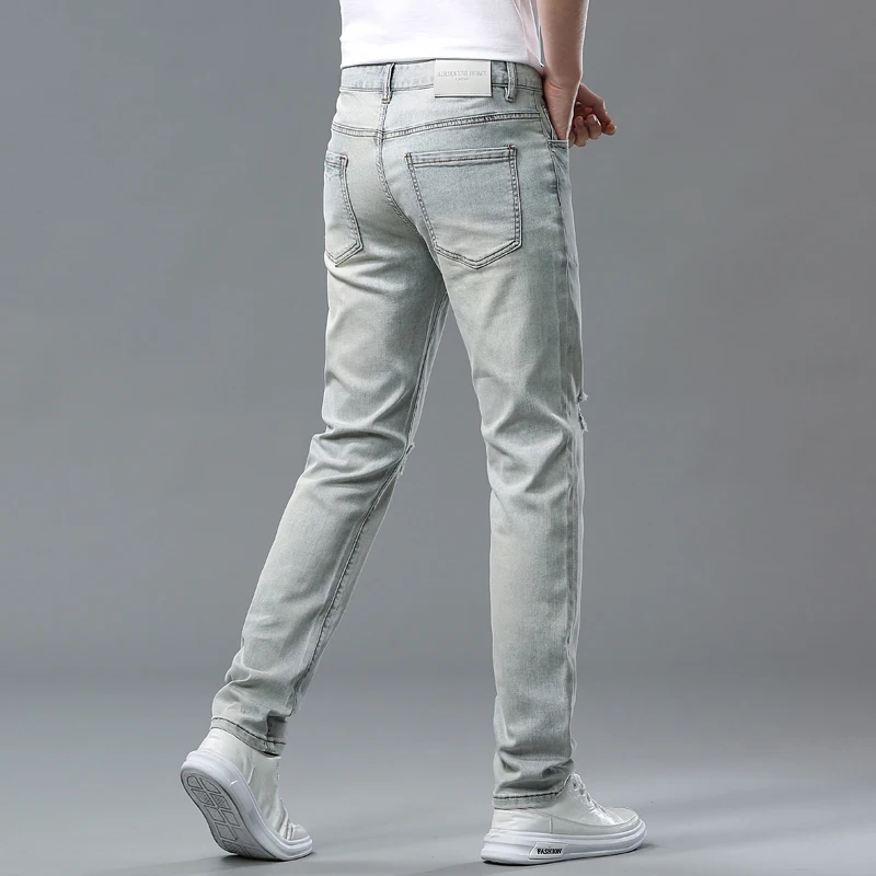 Retro Nostalgic Jeans Men's Summer Thin Ripped Trendy Simple Handsome Street Style All-Matching Slim Fit Skinny Trousers