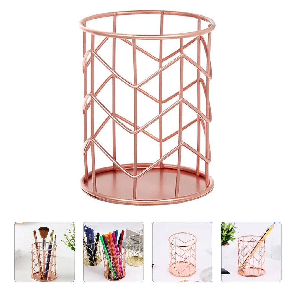 

1pc Iron Wire Pen Holder Gold Plated Rust Resistant Desktop Organizer For Makeup Brushes Office Supplies Multipurpose Storage