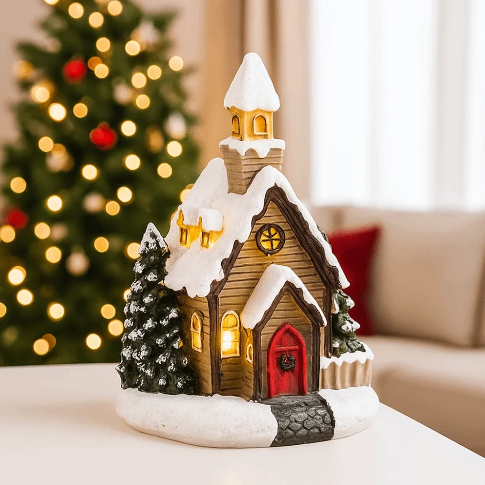 Cute Christmas Glowing Small House Resin Warm Light LED Light Snow House Elegant Luminous Mini House Miniature Home Xmas Decor