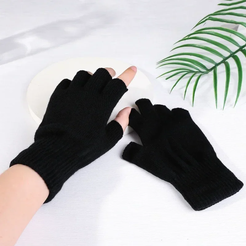 1Pair Black Unisex Half Finger Fingerless Gloves for Women Men Wool Knit Wrist Cotton Gothic Gloves Winter Warm Workout Gloves