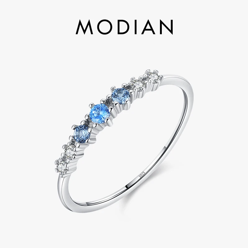 Modian 925 Sterling Silver Simple Stackable Fashion Thin Finger Ring Charm Blue Zirconia Rings For Women Wedding Fine Jewelry