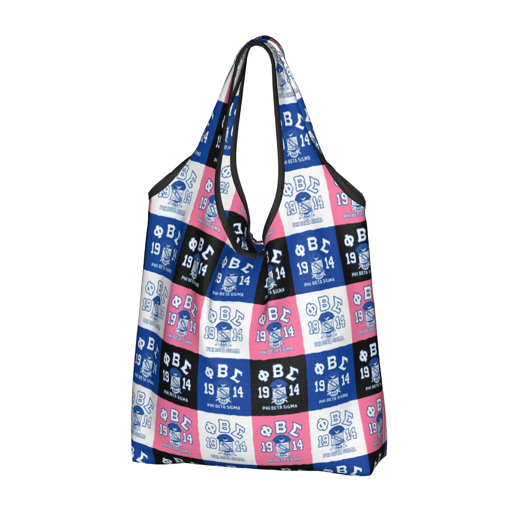 Reusable Beta Sigma Phi Fraternity  Shopping Bag Women Tote Bag Portable 1914 Checkered Plaid  Groceries Shopper Bags