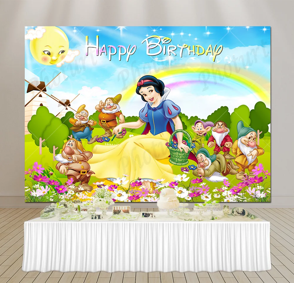 

Disney Princess Snow White and Seven Dwarfs Backdrop Girl Birthday Party Decoration Background Vinyl Photography Decor Props