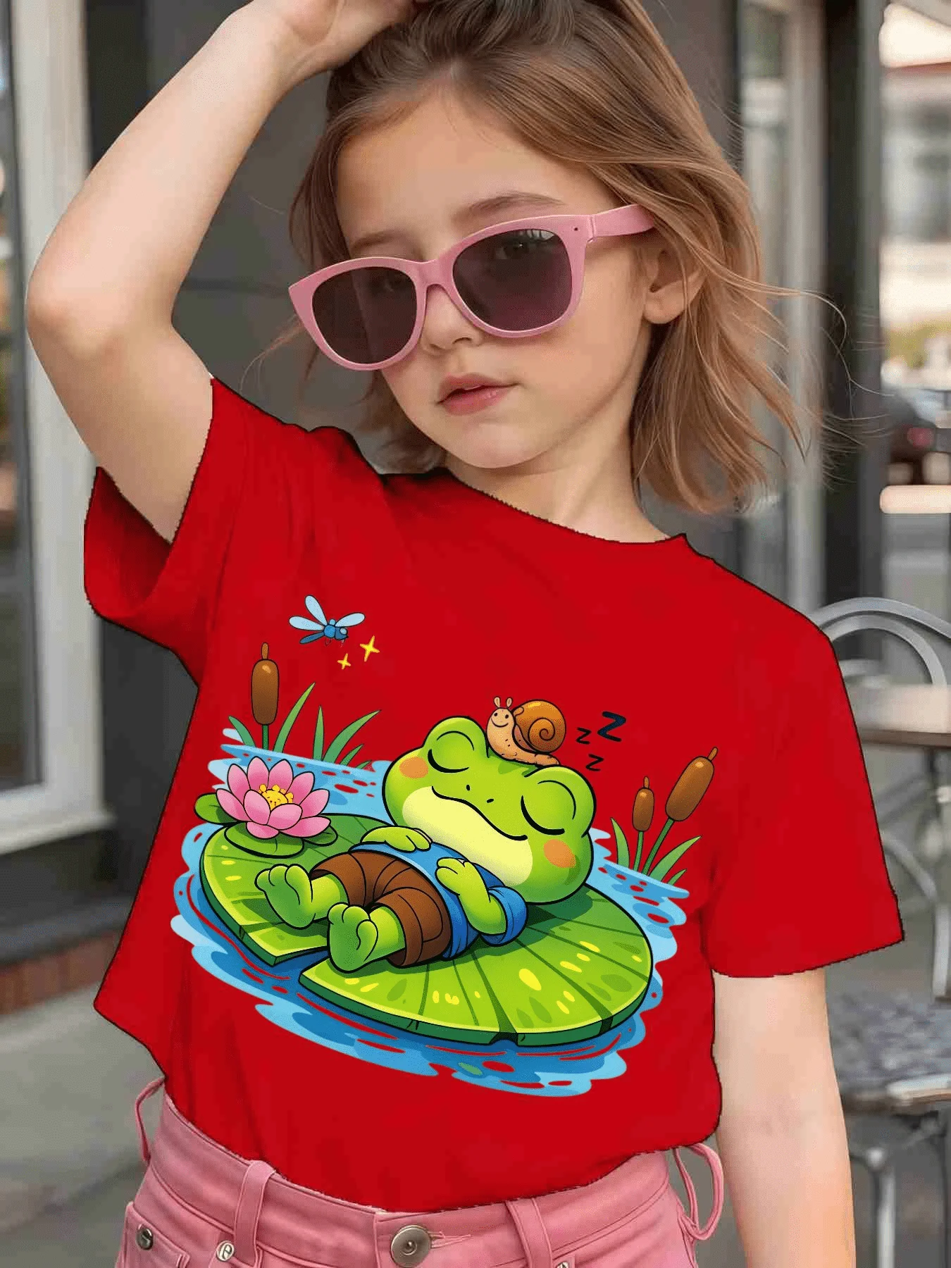 Cute Sleeping Frog Lotus Snail Cartoon Graphic Kids Tee Boys Girls Family Matching Cotton Crew Neck Short Sleeve Soft Summer Tee