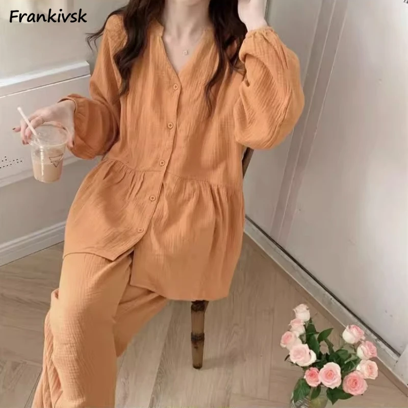 Solid Pajama Sets Women Spring Prairie Chic Sweet Basics V-neck Loose Home Nighty Lantern Sleeve Pleated Classic Hipster Fashion