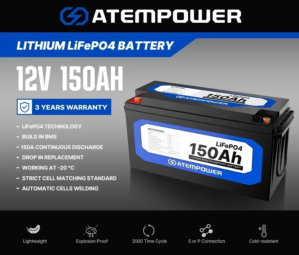 ATEM POWER Lightweight Deep Cycle BMS Safety 4WD 12V 150Ah LiFePO4 Lithium Iron Phosphate Battery