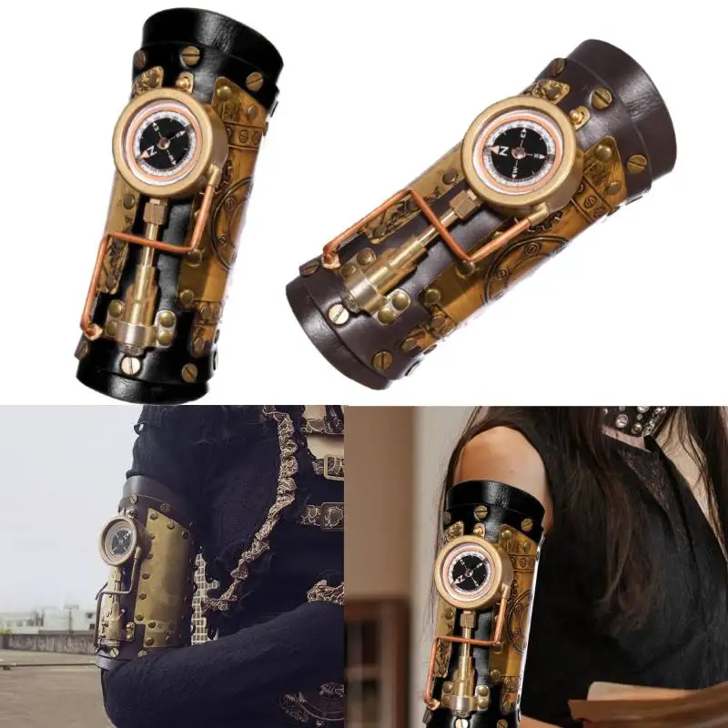 Steampunk Arm Sleeve with Compass Women Men Durable PU Leather Reusable Arm Bracer for Cosplay Festive Masquerade Party Carnival