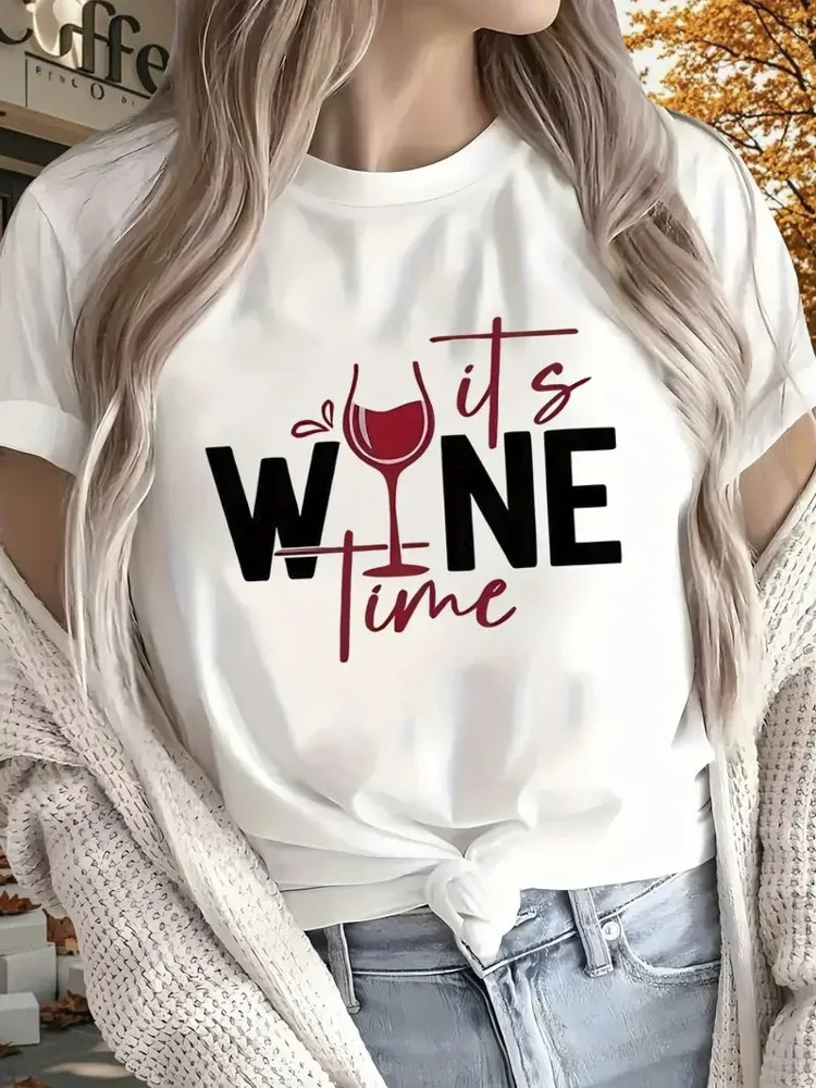 Camiseta con estampado de copa de vino tinto vino Timecamiseta de moda de manga corta con cuello redondo para mujer