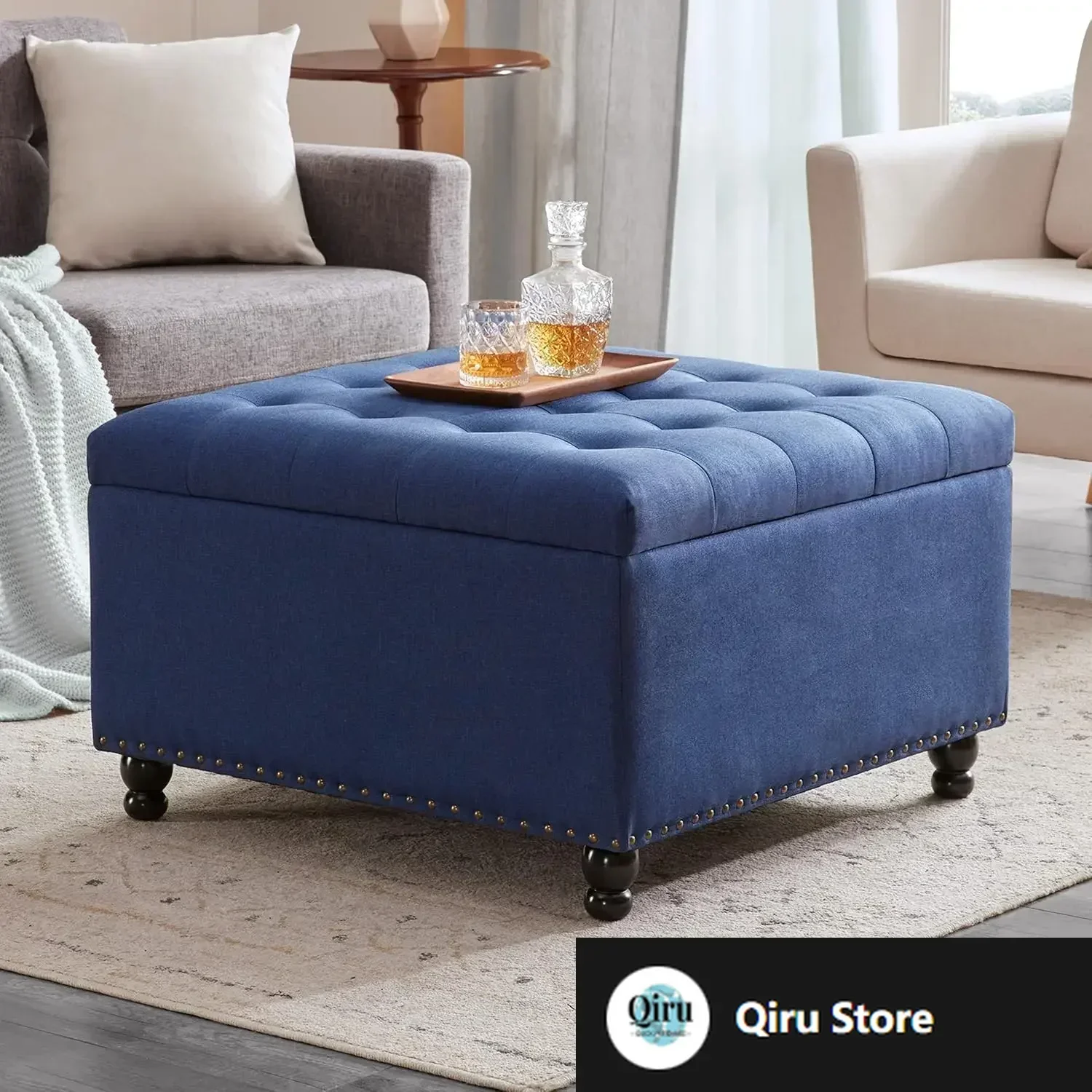 

Large Square Tufted Upholstered Ottoman and Coffee Table with Storage, Oversized Footrest Bench for Living Room Bedroom, Blue