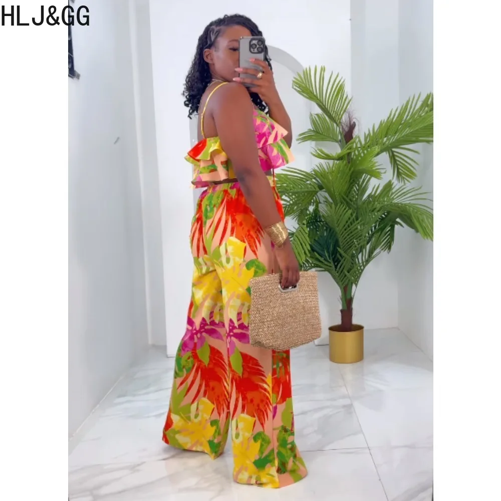 HLJ&GG Fashion Flowers Print Wide Leg Pants 2 Piece Sets Outfits Women Thin Strap Ruffle Crop Tank Tops And Straight Pants Suits