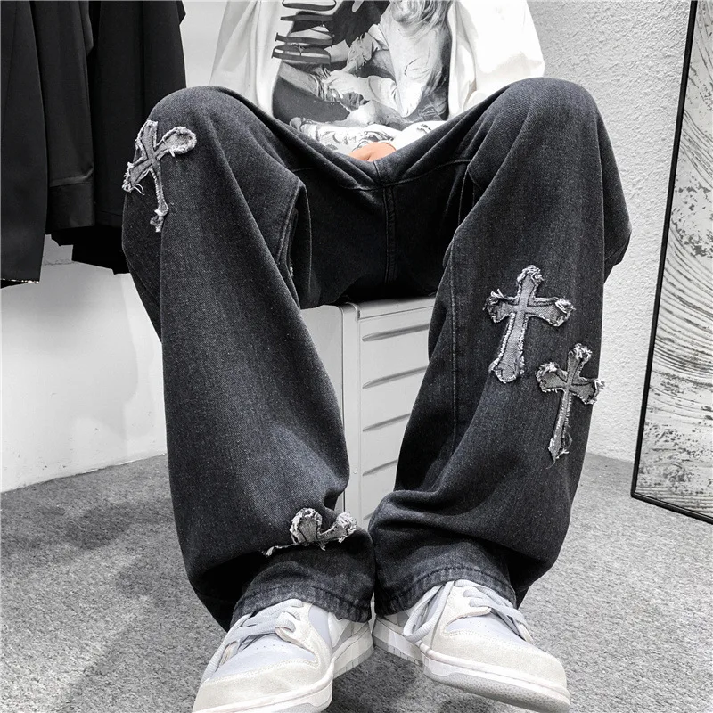 Men's Cross Print Jeans, Harajuku Style Loose Straight Wide Leg Pants, Cool Casual Long Trousers for Students Autumn Winter