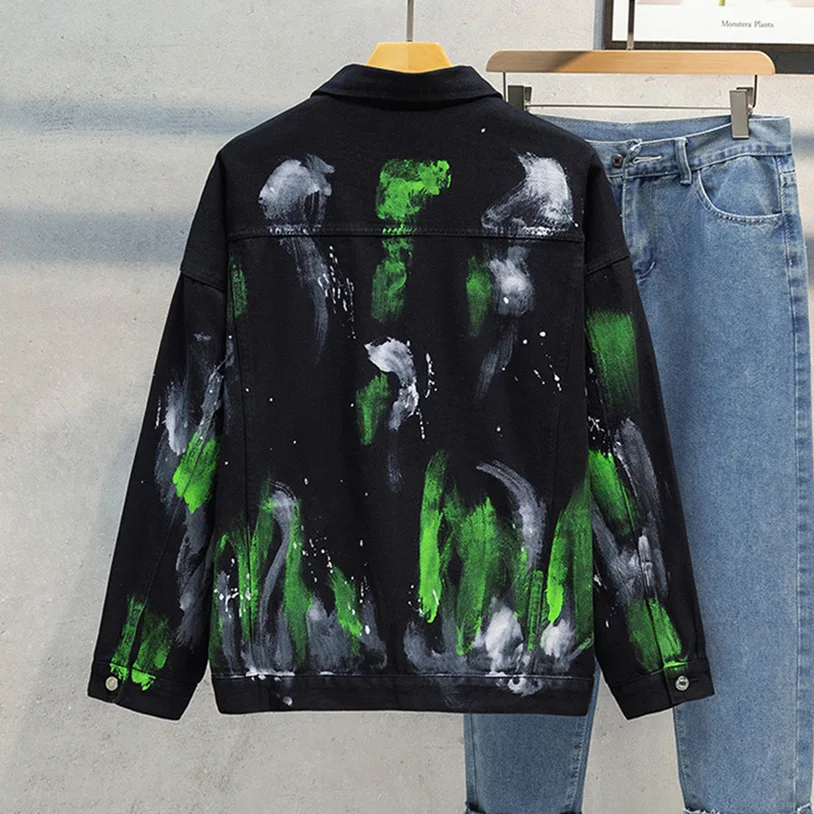 Graffiti Print Denim Jacket Men Black Long Sleeve Cowboy Male Coat White Colored Man Top Punk Clothes 2025