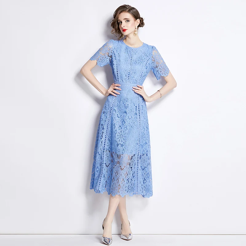 فستان ميدي أنيق برقبة مستديرة وأكمام دانتيل للنساء، تصميم صيفي جديد نحيف، فستان بملمس عتيق من نسيج البوليستر بأكمام قصيرة