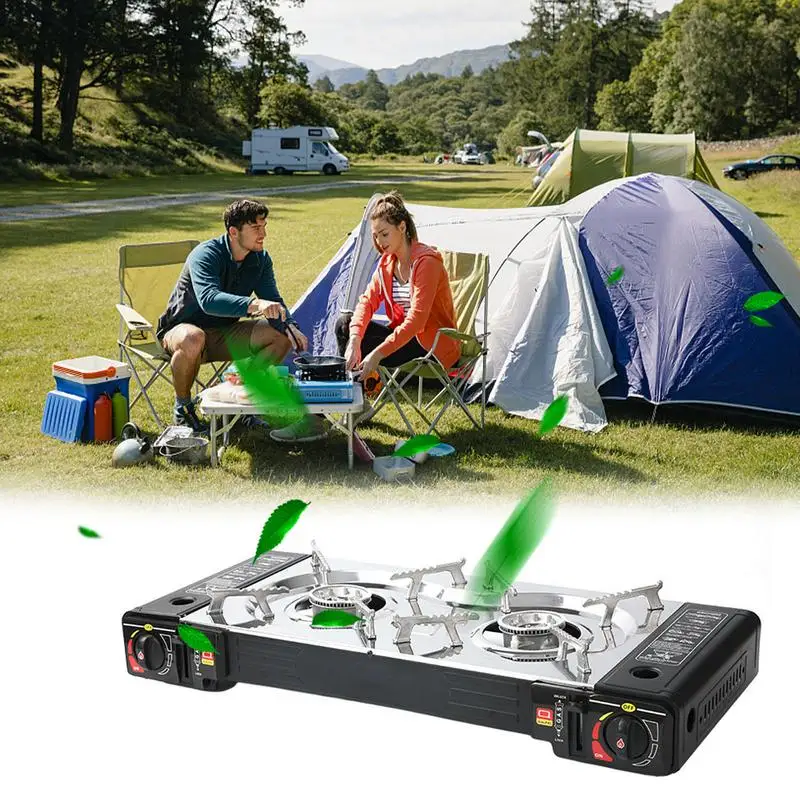 Portable Double Burner Gas Stove Kitchen Dual Use Gas Cooker Outdoor Camping BBQ Grill Tabletop Cassette Stove Gas Range