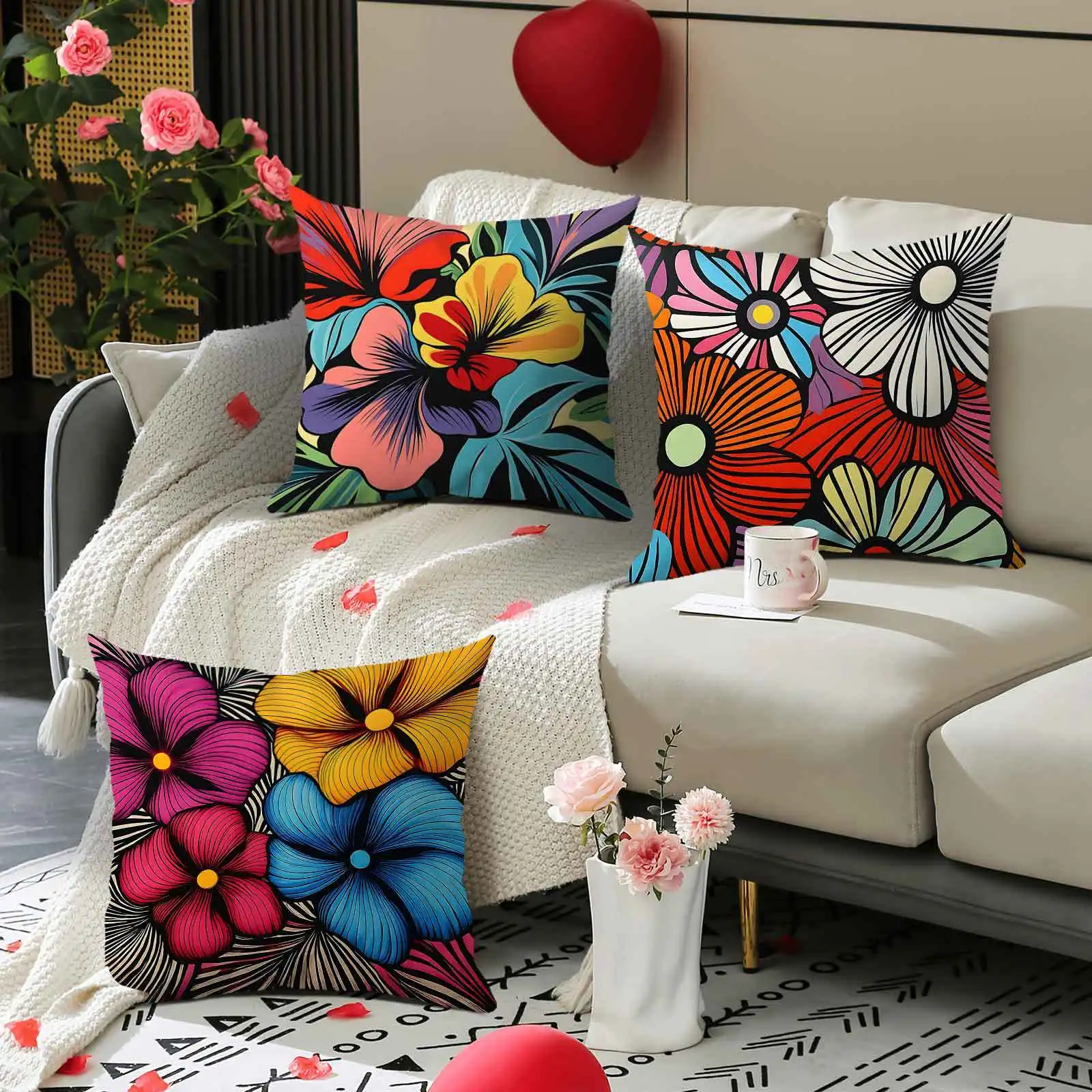 4pcs Bright floral design digital printing pillow cover Short plush Suitable living rooms bedrooms sofas throw cushion cover