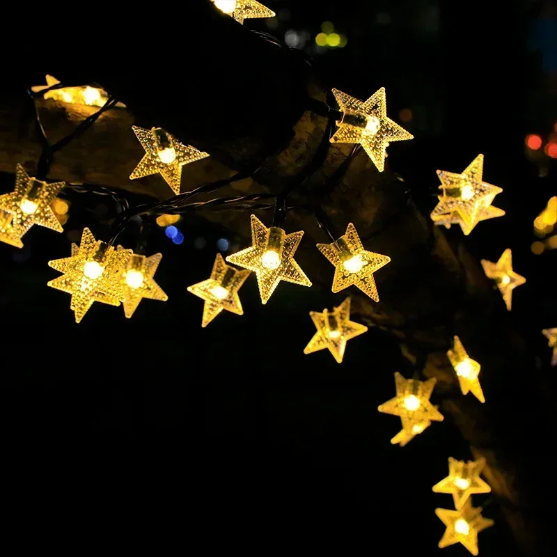 12m-5m Solar Star Outdoor String Lights Christmas Tree Home Window Decor Holiday Lighting Star Light Strings