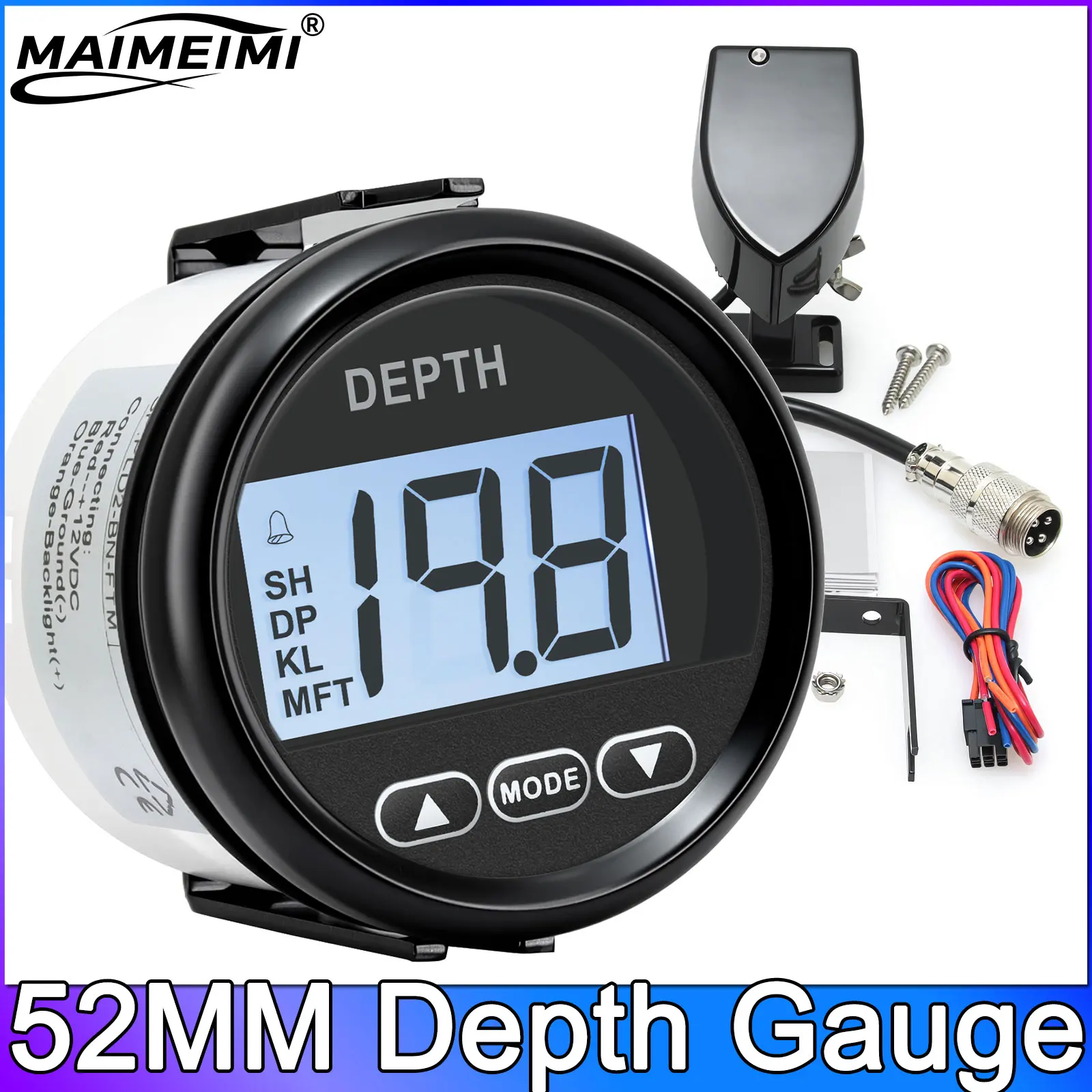 

52 мм универсальный цифровой измеритель глубины для морской лодки, водонепроницаемый импульсный сигнал, белая подсветка для морской лодки