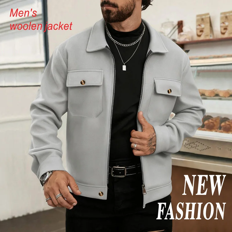 

Men's Wool Blend Zip Coat Winter Warm lapel Collar Slim Fit Casual Business Outerwear Retro multi pocket jacket European SIZE