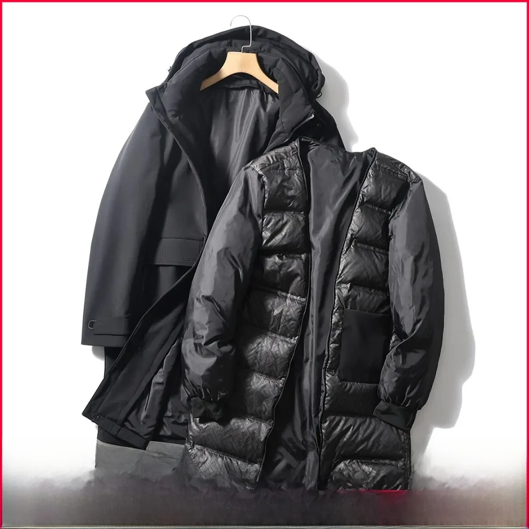 

High-End Men's Thiened Tee-In-One down Jaet Coat Winter Youth Faion White Du down Modern Sle Hooded Mid-Length