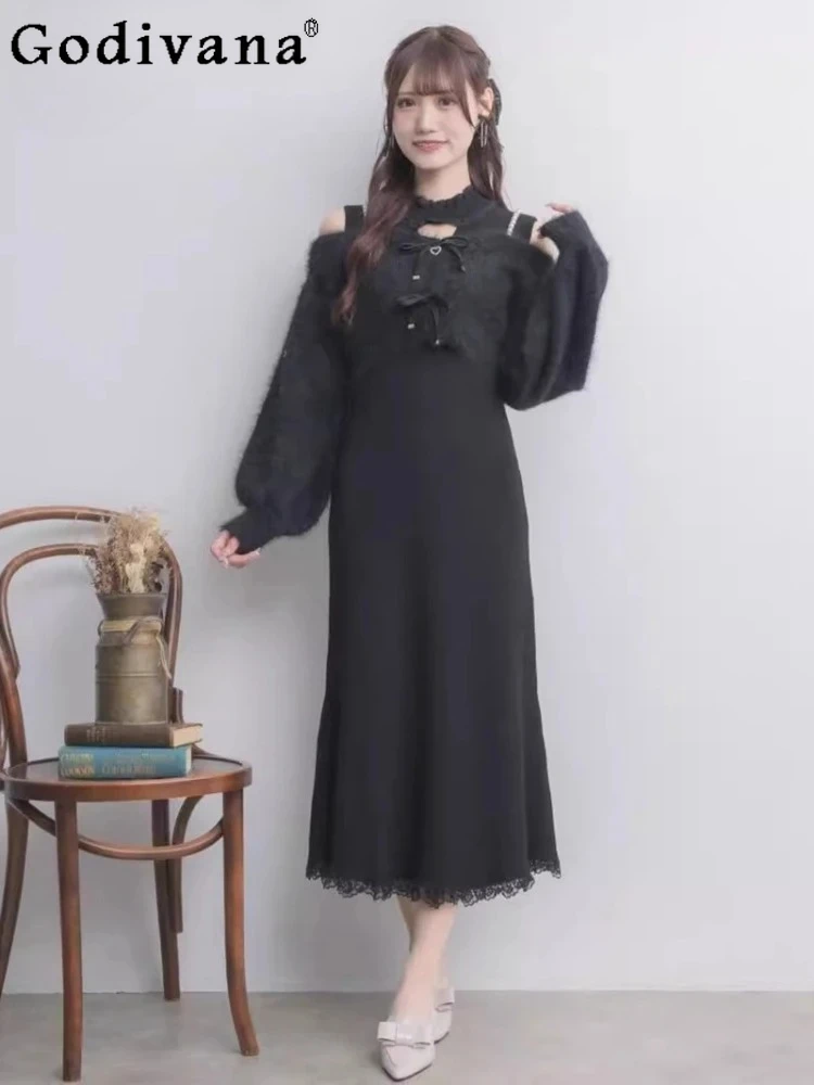 Robe longue en tricot pour femmes, ensemble 2 pièces, Smock, japonais, doux, élégant, Slim, épaules dénudées, Cardigan, nouvelle collection automne hiver