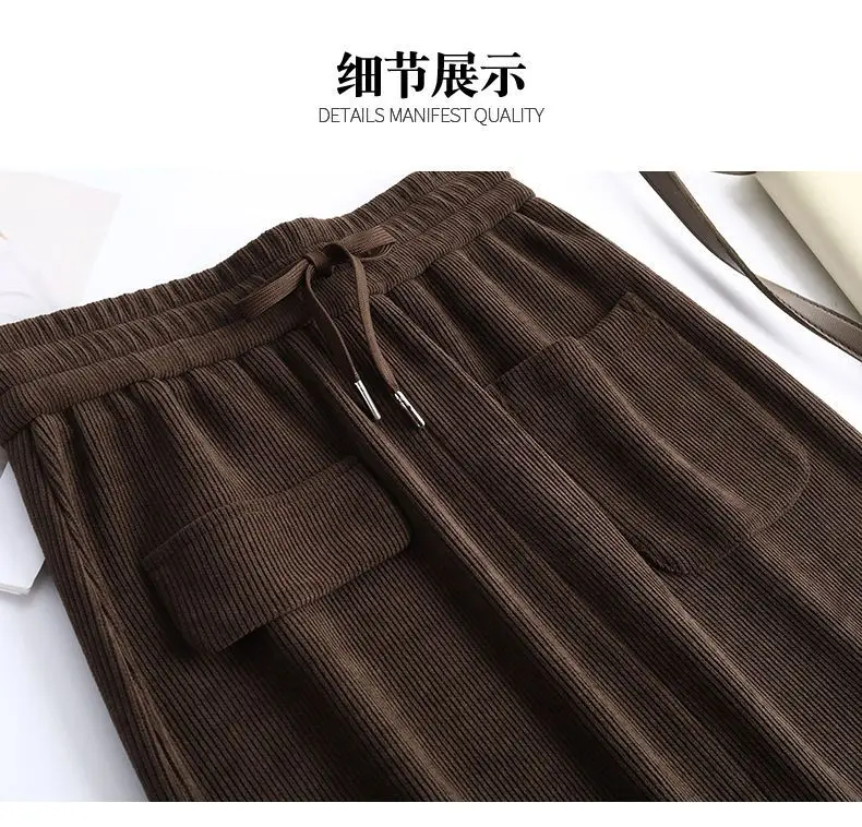 2024 New Winter Retro A-line Corduroy Skirt, Women's Clothing, Spring Autumn Drawstring Elastic High Waist Slit Wrap Skirts,