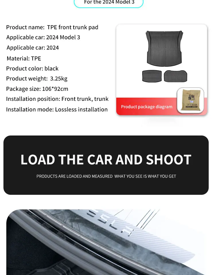 Für Tesla 2024-2026 Model 3 Highland – TPE Wasserdichte Vorder- und Heckkoffer-Matten, Schützende Auto-Polster-Sets – Detail 11