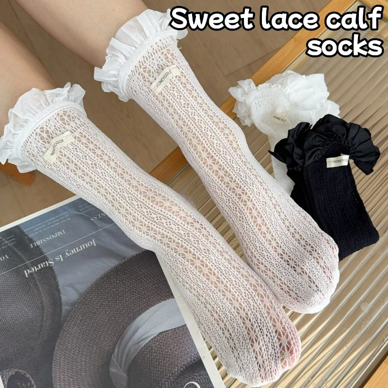 1-2Pairs JK جوارب بيضاء للنساء لوليتا نمط الدانتيل تقليم منتصف العجل جوارب تنفس الصيف رقيقة تكويم المدرسة الجوارب الطويلة