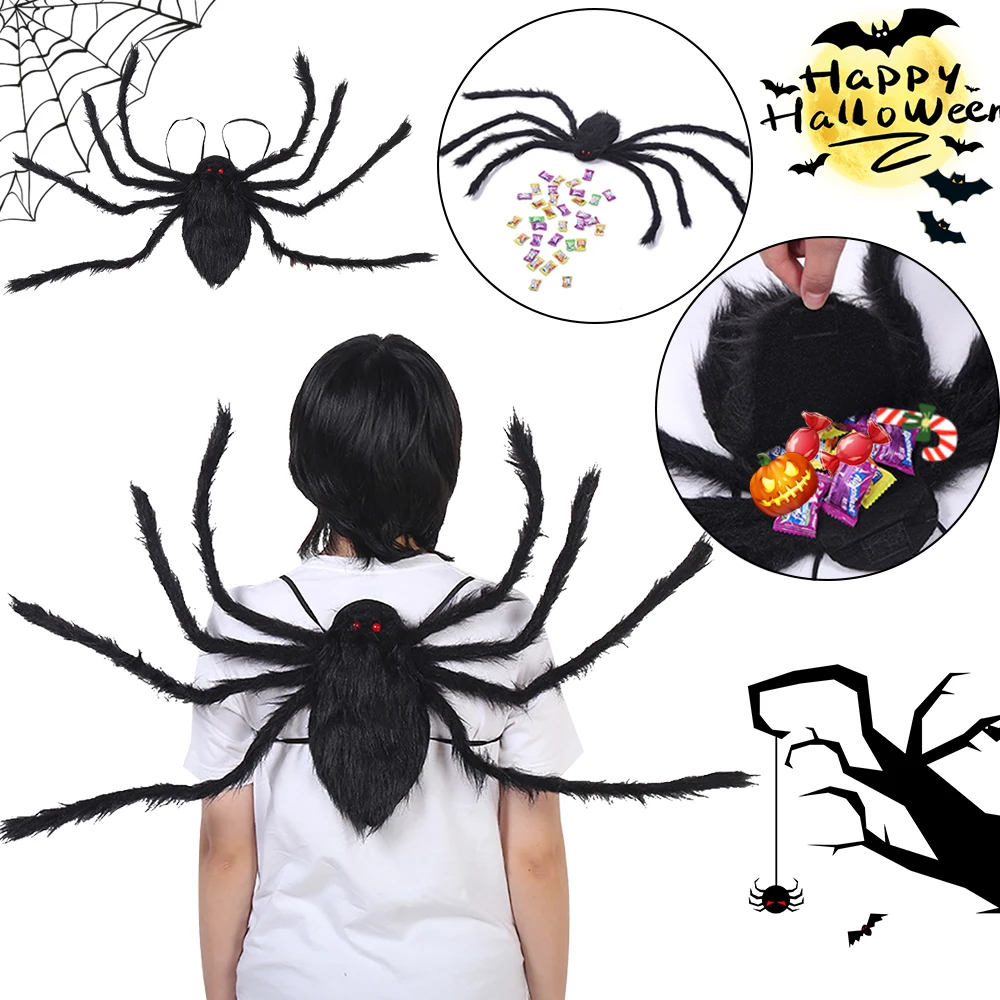 

90/125CM Horror Plush Spider Decoration Halloween Candy Bag Big Spider Shape Backpack Trick Or Treat Prop Halloween Kids Costume