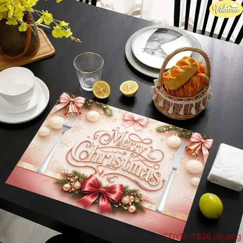 VIKAMA Christmas Placemats Pink Merry Christmas Poinsettia Ornament Snowflake Washable Mat Winter Holiday Kitchen Decor