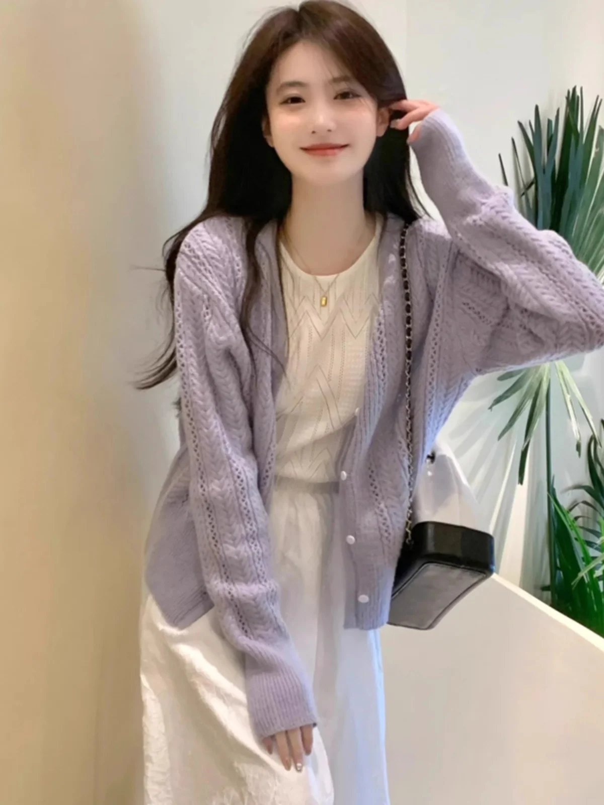 

Легкий фиолетовый вязаный кардиган с вырезами, женский весенне-осенний нежный трикотаж, модный топ, корейская версия