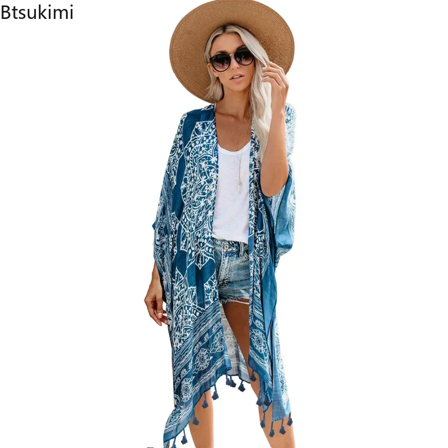 Nuovo 2024 Sexy Bikini Cover-up Boho Stampato con frange Lungo Kimono Carfigan Tunica Donna Plus Size Beach Wear Costume da bagno Cover Up