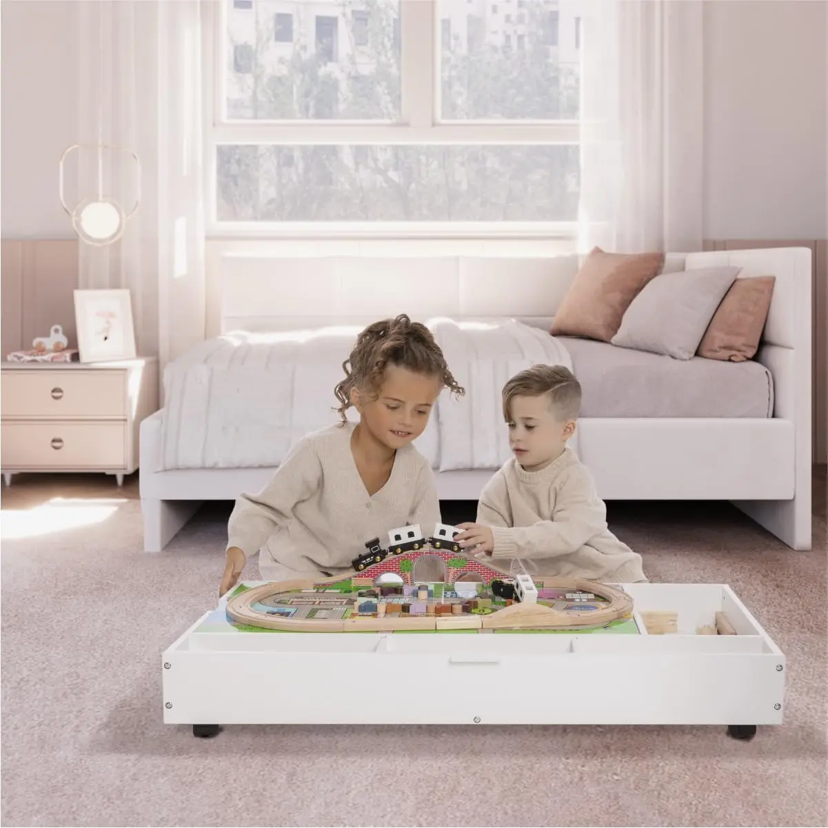 The 2 in 1 Rollaway Play Table and Toy Organizer- Compatible with Lego Bricks*, Cars and Trains- Store Under Beds or Sofas (38