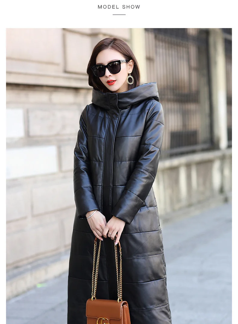 

2023 New Women Genuine Leather Jacket Long Duck Down Coats Hooded Warm Winter Real Sheepskin Coat Female clothes B0309